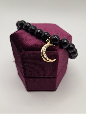 Madison Tyler Black Beaded Bracelet Crescent Moon Gold Charm Celestial Stretch